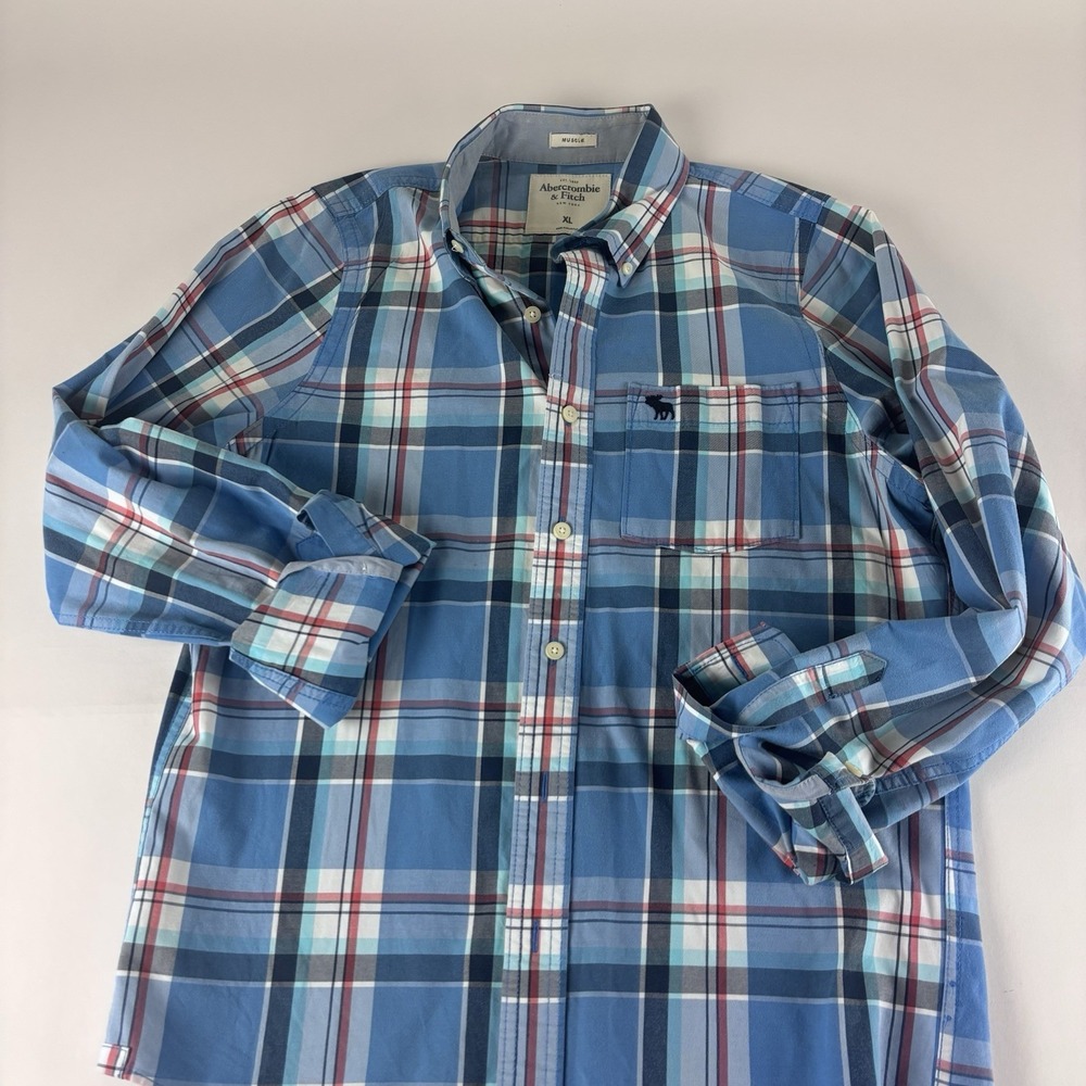 Abercrombie Fitch Shirt Men XL Blue Plaid Check Button‎ Up Muscle Flannel